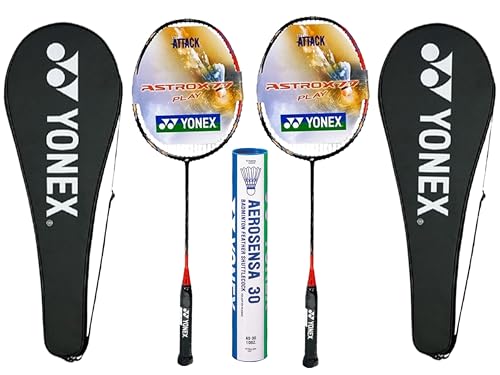 2X Yonex Astrox 77 Play Pre Strung Baminton Racquet, High Orange - Bundled with Yonex Aerosensa 30 Shuttlecock