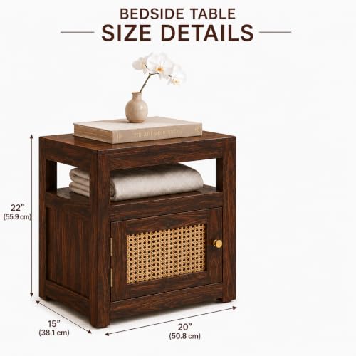 Image of Solid Sheesham Wood Bedside Table with Cane Door | Wooden Nightstand with Open Shelf & Storage Cabinet | Modern Side Table for Bedroom & Living Room