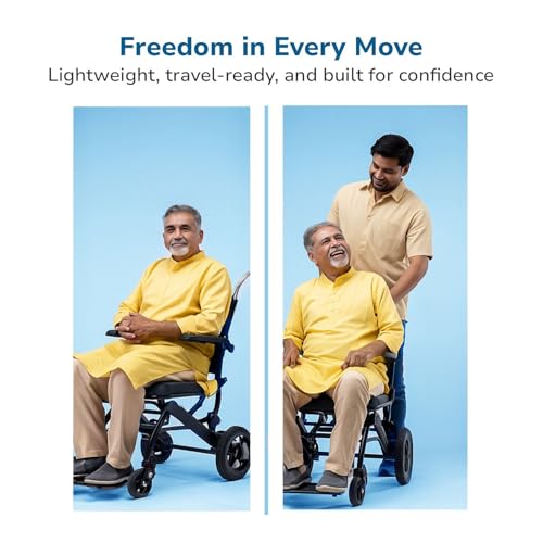 Image of EverActiv Aero Portable Wheelchair for Seniors | Ultra-Light 6.5Kg Aluminium Frame | Foldable, Compact, Attendant Brake, Travel Convenience | Wheelchair for old people