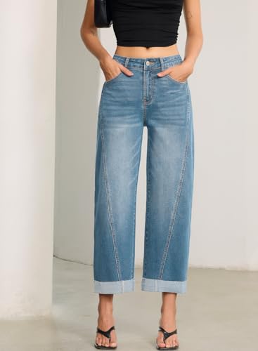 Image of Sidefeel Barrel Jeans for Women High Waisted Wide Leg Baggy Stretchy Trendy Raw Rolled Hem Capri Cropped Ankle Denim Pants