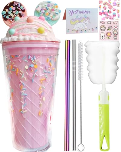 seelucky Vaso de viaje de unicornio con pajita, taza de chocolate para hielo, taza de café con leche, taza de plástico para picnic, fiesta, regalo de cumpleaños (oreja de galleta de helado, rosa li,