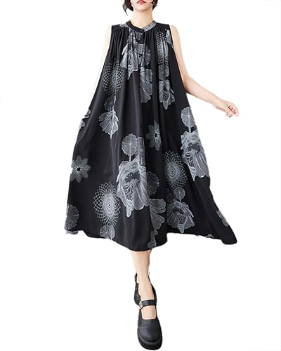 ellazhu Women's Shirt Dress Crewneck Sleeveless Two Side Pockets Patterned Flowy Hem Casual GZ3993