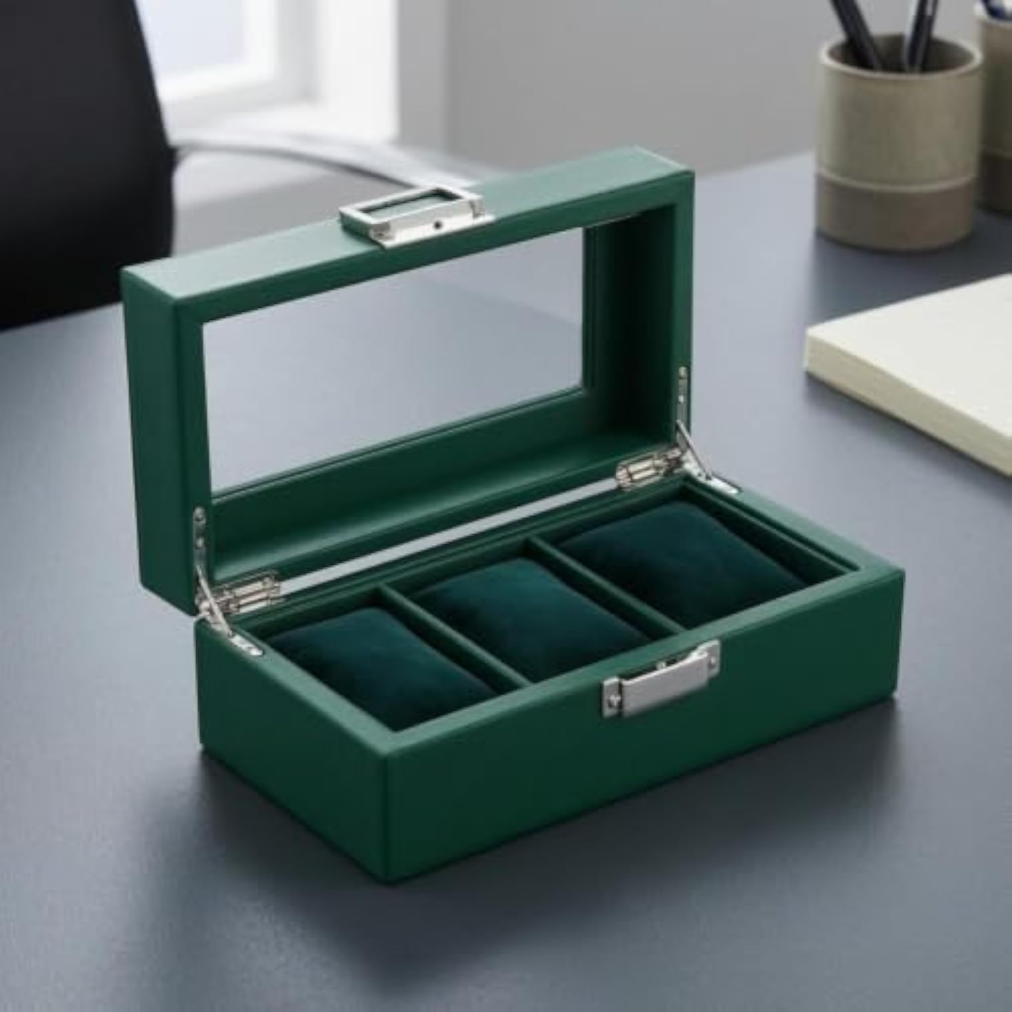 3 Compartments Watch Organizer Box with Transparent Window