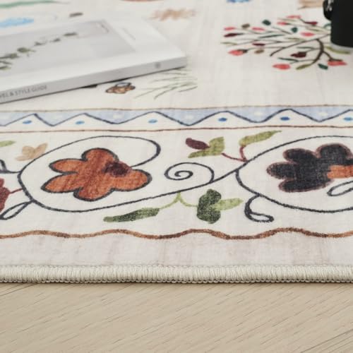Round Rug 4ft Washable Circle Rug Non Slip Low Pile Boho Floral Animal Cat Small Circular Rug for Bedroom Bathroom Entryway Kids Room Office College Dorm, Beige