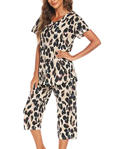 ENJOYNIGHT Damen Schlafanzug Baumwolle Sommer Kurz Pyjama Set Kurzarm Shirt mit 3/4 Lange Capri Hose Nachtwäsche (XX-Large,Leichter Leopard) Cover