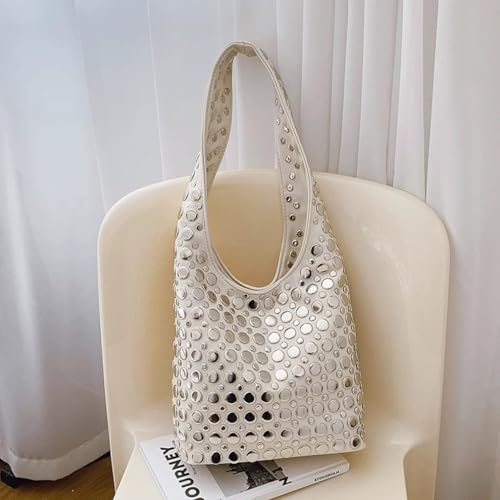 Bolso Hobo con Tachuelas Estilo Y2K Blanco para Mujer miniatura 3