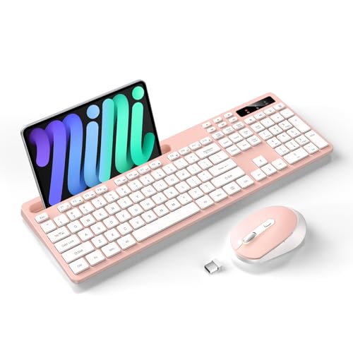 Wireless Keyboard and Mouse Combo, Soueto 2.4G Full-Sized Computer Keyboard with Phone Tablet Holder, 22 Multimedia Shortcuts, Numeric Keypad, 6 Button Silent Mouse for Windows, Mac (Pink) Wireless Keyboard and Mouse Combo, Soueto 2.4G Full-Sized Computer Keyboard with Phone Tablet Holder, 22 Multimedia Shortcuts, Numeric Keypad, 6 Button Silent Mouse for Windows, Mac (Pink)