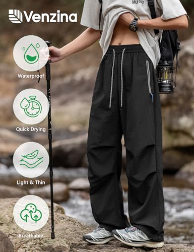 Image of Venzina Men's Parachute Cargo Trousers Lightweight Quick-Drying Hiking Pants Water Resistant Drawstring Cargo Pants for Camping, Fishing, Travel, Safari, M - XXL