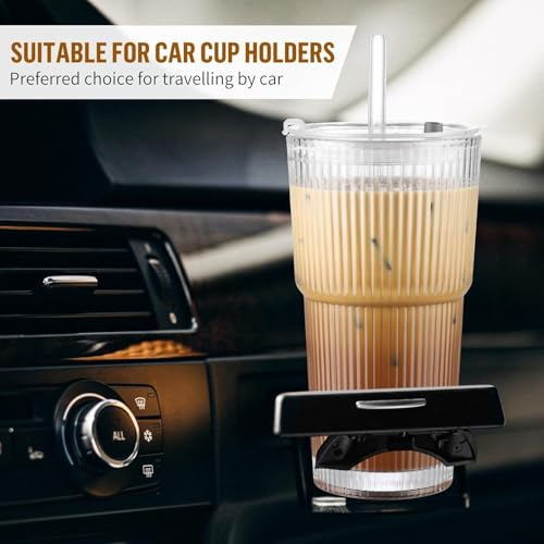 Image of KELVEE Ribbed Glass Tumbler with Lids and Straw Pack of 1, 600ML Aesthetic Iced Coffee Mug Sipper Bottle, Mason Drinking Cup for Green Tea, Juice, Cocktail, Matcha Cold Drinks Travel Mug (Lining)