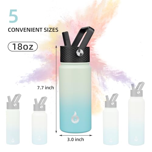 Image of BJPKPK Insulated Water Bottles with Straw Lid, 18oz Stainless Steel Metal Water Bottle, Cold Hot Thermo with 3 Lids, Leak Proof BPA Free Travel Cup, Wide Mouth Flasks, Thermo -Mint