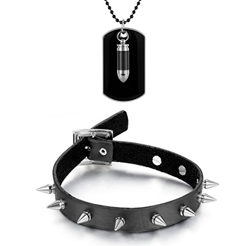 Aroncent Dog Tag Kette Kugel Hundemarke Army Herren Halskette, Leder Choker Punk Schwarz Halsband Tattoo Choker Nieten für Damen und Herren