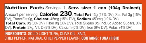 Tuscanini Italian Solid Light Yellowfin Tuna in Olive Oil with Calabrian Chili Peppers, 5.6oz (6 Pack) | Gluten Free, Soy Free, Mineral Enriched, Kosher for Passover, Product of Italy