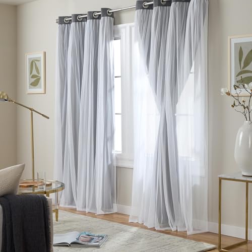 Image of TOWN & COUNTRY LUXE Talia Double Layer Indoor Curtains, Sheer and Room Darkening Blackout, Grommet Top, Energy Efficient, 2-Pack Set, 52 inchx120 inch, Black Pearl