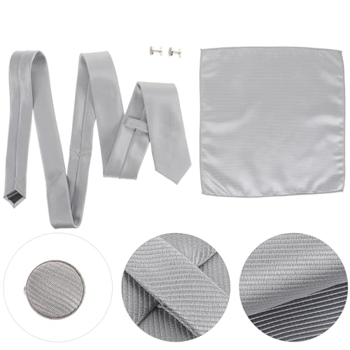 Set de corbata para hombre con gemelos y pañuelo gris miniatura 7