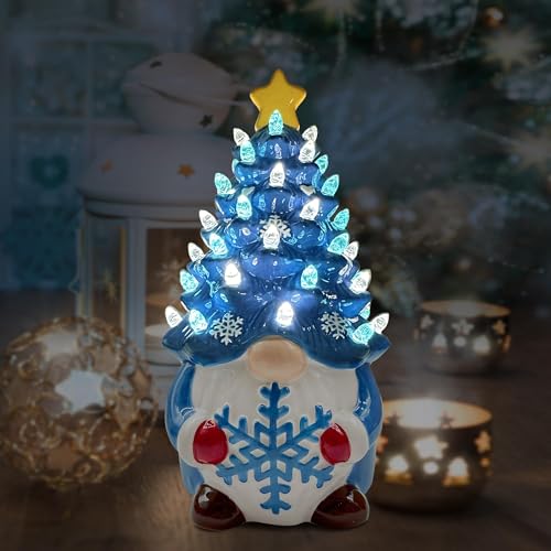 pinata Ceramic Christmas Tree, Christmas Gnomes Decorations for Table Indoor, Blue Gnome Lighted Ceramic Tree Decor