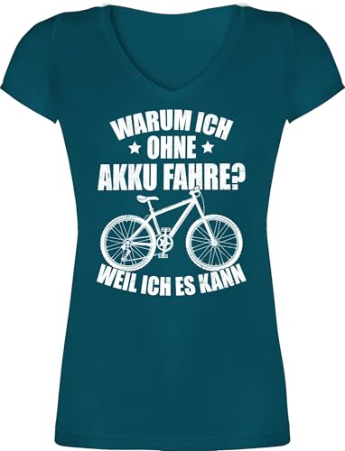 T-Shirt Damen V Ausschnitt - Radsport - Warum ich ohne Akku fahre - Weil...