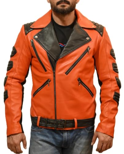 Men's Classic Black and Orange Genuine Leather Biker Motorcycle Rider Jacket
