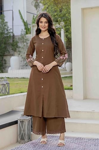 Image of Pistaa's Women Cotton Elegant Off-White Floral Embroidered Sleeves Kurta Palazzo Set