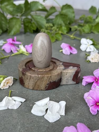 Image of 1.5 inch Original Narmadeshwar Narmada Shivling with 3 inch Narmada Stone Yoni Base Jaladhari (Ardhanarishwar Shivling, Multicolor Flate Jaladhari)