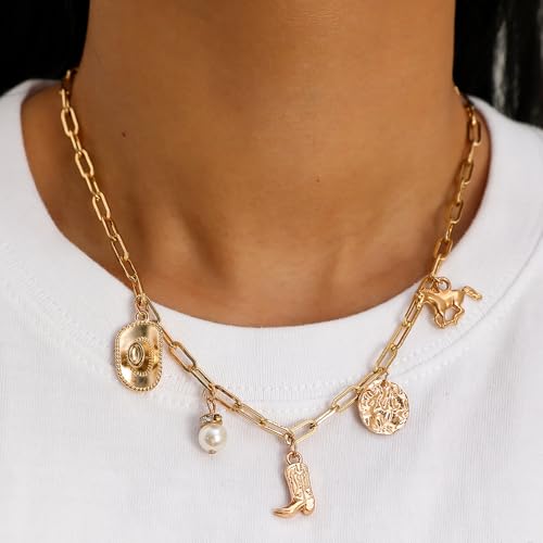 Western Cowboy Necklaces for Women Trendy Cowgirl Hat Boots Charm Gold Chain Necklace Western Cowgirl Costume Jewelry Cowboy Hat Boot Pendant Necklace for Women4