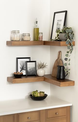Image of Kate and Laurel Havlock Modern Wood Two-Piece Floating Corner Shelf Set, 26 x 8 x 3, Rustic Brown, Wooden Corner Shelving with Unique Geometric Shape for Living Room Decor or Entryway Storage