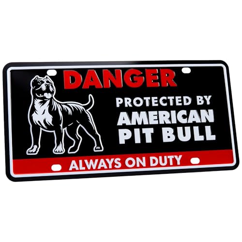 Pickwicks – Danger: Protected By Pit Bull Metal Sign License Plate – Heavy Duty Embossed Aluminum Warning Sign – 6”x12” Novelty Metal Tag Pitbull Pitty Dog Lover Gift