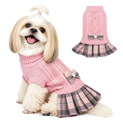 YUDODO Valentines Small Dog Sweater Dress with Bowtie Turtleneck -