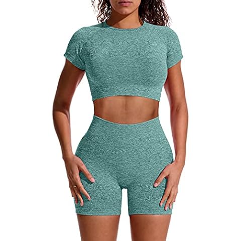 GXIN Women's Seamless Yoga Outfit 2 Pieces Workout Stretch Short Sleeve Crop Top High Waist Sport Shorts Set Cover