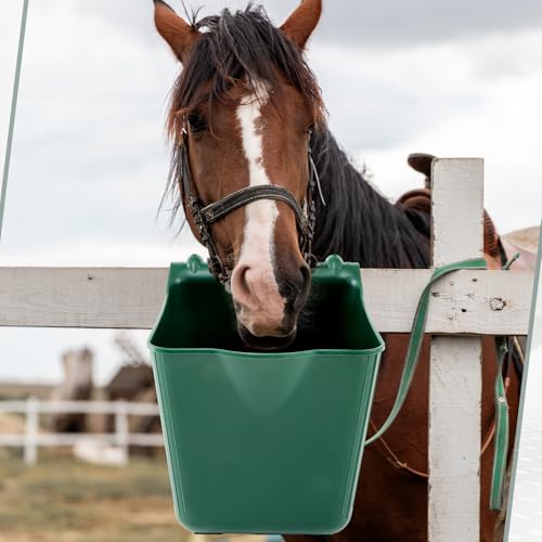 Image of Marsui 8 Pcs 15 Quart Horse Feeders for Stall Hook Over Hanging Fence Hay Feeder Mountable Livestock Plastic Feed Bucket for Farm Stalls Pasture, Stable to Feed Horses Sheep Cattle Cows Etc (Green)
