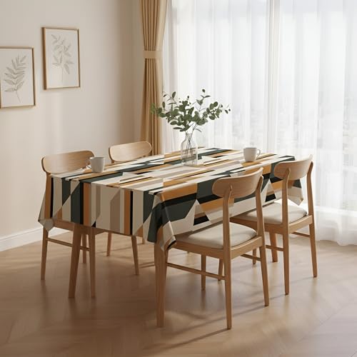 Image of DARSHANAM WORLD Mid-Century Modern Geometric 4 Seater Tablecloth - Waterproof & Spill-Proof Fabric, Abstract Pattern Design, Washable Decorative Table Cover for Dining Room, Kitchen. (Yellow Texture)