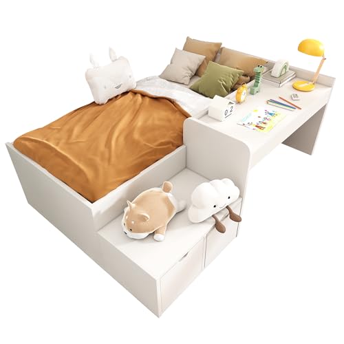 dowowdo Kinderbett Mit Schreibtisch Und Schubladen 90x200cm, Massivholz Stauraumbett Mit Lattenrost, Platzsparendes Jugendbett, Einzelbett Weiß (Ohne Matratze)