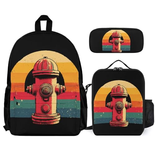Vintage Fire Hydrant Backpack 3 Set with Lunch Bag Insulated Shoulder Meal Tote Bags Pencil Case Box Casual Daypack