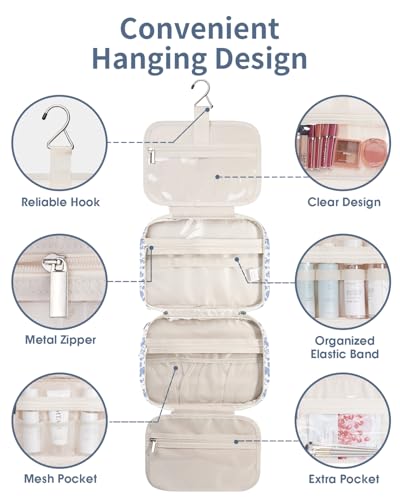 Image of Narwey Large Hanging Toiletry Bag Travel Makeup Bag Cosmetic Organizer for Women and Girls, Z-Little Blue Flower, Medium