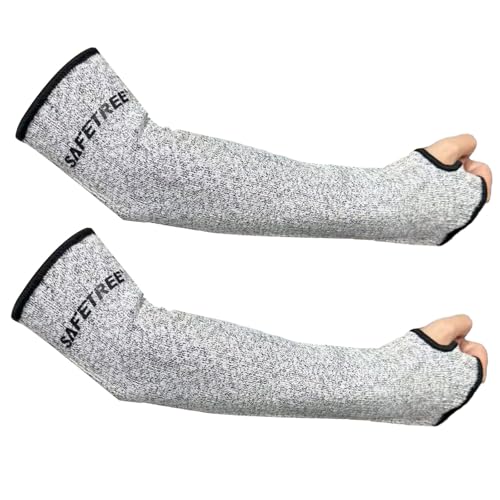 SAFETREE Schnittfeste Strickhülsen, 17.7-Zoll reisfest Ärmel mit Daumenloch, Klasse 5 schnittfest, Sicherheitsschutz, verhindert Kratzer, UV-Schutz, Grau 1 Paar (17.7 Zoll)