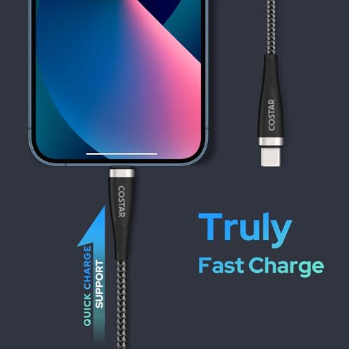 Image of COSTAR Type C To 8 Pin 30W Fast Charging Nylon Braided USB Cable C Cable For iPhone 14,14 Pro,14 Pro Max, iPhone 13 Series,12,12 Pro,11,11 Pro Max iPhone 12 Mini, X, 8 (Black 1.5m)