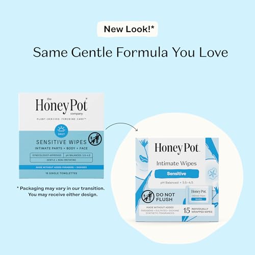 Image of The Honey Pot Company - Feminine Wipes - Sensitive - Individually Wrapped - pH Balancing, Herbal Infused Plant-Based Feminine Care - Great for Travel & Period Kits - 15ct (Pack of 3)