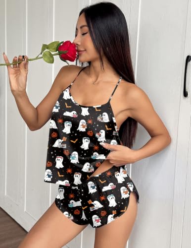 Image of Ekouaer Silk Pajamas Set for Women Satin Backless Lingerie Pjs Cami Top and Shorts Nightwear