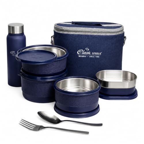 Image of Classic Steels Urban Premium Steel Lunch Box Set of 7 with Insulated Carry Bag Includes 4 Microwave Safe Leak-Proof Containers 1100 ml & 500ml Steel Bottle | BPA Free, Food Grade with Heavy Cutlery