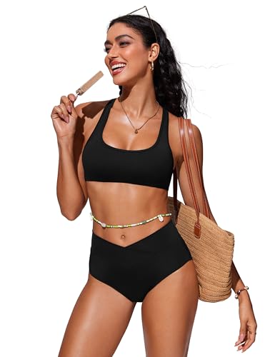 CRZ YOGA High Waisted V Cut Bikini Bottom for Women - Cross Front Bathing Swimsuit Full Coverage Swim Briefs Black Large