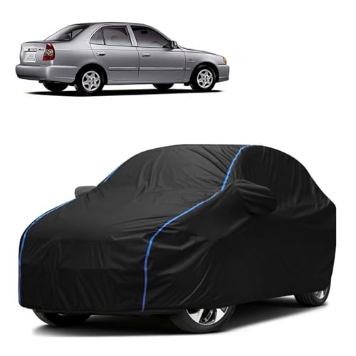 Image of Kerwa Car Body Cover Waterproof Compatible with Hyundai Accent | Scratch Proof, Anti-Dust, UV Protection with Windproof Buckle Strap and Mirror Pockets, Bottom Elastic Fitted-Black