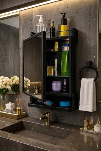 Image of CIPLA PLAST Rich Look Plastic Wall-Mounted Bathroom Mirror Cabinet with Storage Shelves, Single Door, Bathroom Mirror Cabinet with Towel Holder | (Black)