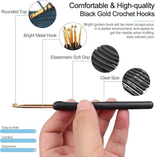 Image of VIRADHAM Black Gold Crochet Hooks Needles for Arthritic Hands, Crochet Hook Set Ergonomic Soft Grips Knitting Hook for Crochet Yarn Craft, Aluminum Knitting Crochet Supplies Kit for Knitter (m)