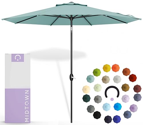 Image of Midtown Umbrellas - 10-Year-No-Fade 6 Ft Patio Umbrella with Terylast Fabric, Auto-Tilt Aluminum Frame and 8 Reinforced Ribs for Deck, Pool, Garden & Beach - Aqua Canopy, Black Pole