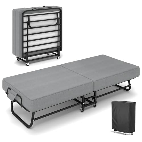 Folding Bed with Mattress, Portable Foldable Bed for Adults, Roll Away Bed Guest Bed on Wheels, Memory Foam Mattress and Metal Frame, Space Saving Fol