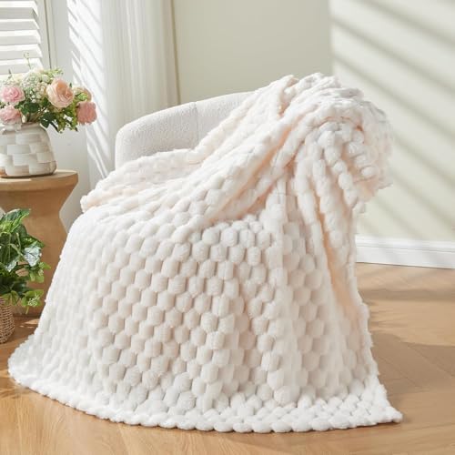 Wajade Fleece Throw Blanket Fluffy Faux Fur Blanket for Bed Sofa Couch Soft Cosy Warm Thick Blanket Jacquard White 127x153