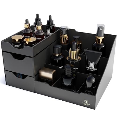 Uncluttered Designs Large Black Vanity Organizer – Countertop Mens Organizer With Drawers for Cologne, Deodorant, Beard, Shaving Lotion, Perfume & Skincare – Perfect for Bathroom & Bedroom Storage