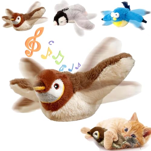 EZGHAR Interactive Chirping Bird Cat Toy, Simulated Chirping Bird Cat Toy Flapping Wings, Bird Cat Toy, 2025New Flapping Bird Cat Toy, Plush Cat Toys for Bored Indoor Cats (Sparrow)