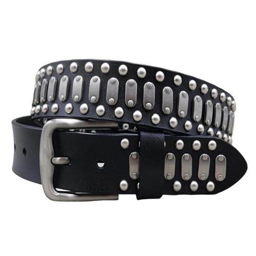 3 Row Studded Punk Leather Belt,Women Men Gothic Square Beads Metal Rivet Strap for Jeans, Pants and Accessories (115cm/45, Black)