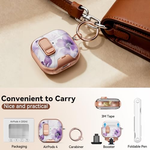 Image of for AirPod 4 Case, with Safty Lock & Phone Stand for Floral AirPod 4 Generation Case Cover for Women Girly, iPod 4 Cases with Keychain & Cleaner Kit -Purple Ink Wash Flower
