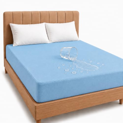 Image of Babylee 100% Waterproof King XL 78x72 Inch 6.5x6 Ft Fits Upto 10 Inch Mattress | Premium Terry Cotton Breathable Bed Protector | Mattress Cover for Double Bed | Sky Blue